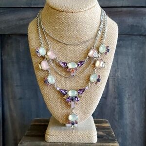 GUESS MULTI STRAND BIB NECKLACE W GEMS 15 inches,, 2 inch extension  pink purple
